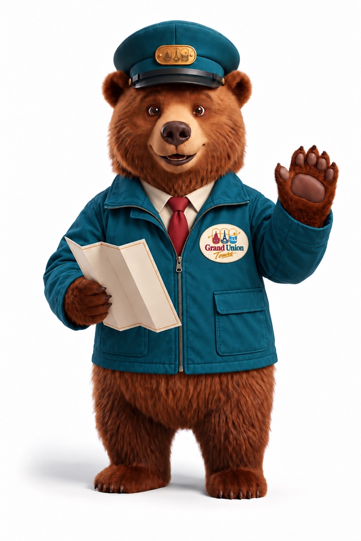 The Grand Union Tours bear waves, wearing a teal coat and red tie and holding a map.